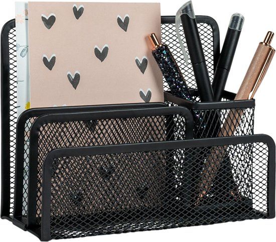 QUVIO Bureau Organizer 4 in 1 - Pennenbakje - Bureau accessoires - Bureau Organizer Pennenbak - Desk Organizer - Pennenbak - Pennenbakje - Pennenhouder - 4 Vakken - Draadstaal - Zwart