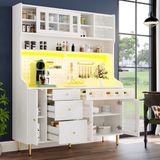 STILVORA Hoge Kast - Ledverlichting Met Appbediening En Usb - Verstelbare Planken Met Wijnrek - Glas En MDF - 145x39x171 Cm - Wit