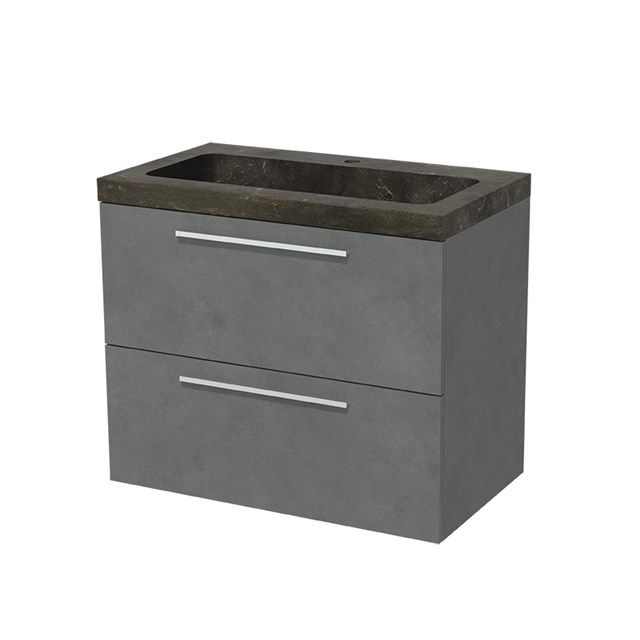 Maxaro Badkamermeubel 80cm Modulo Donkergrijs Beton 2 lades Vlak Wastafel Natuursteen Blue Stone