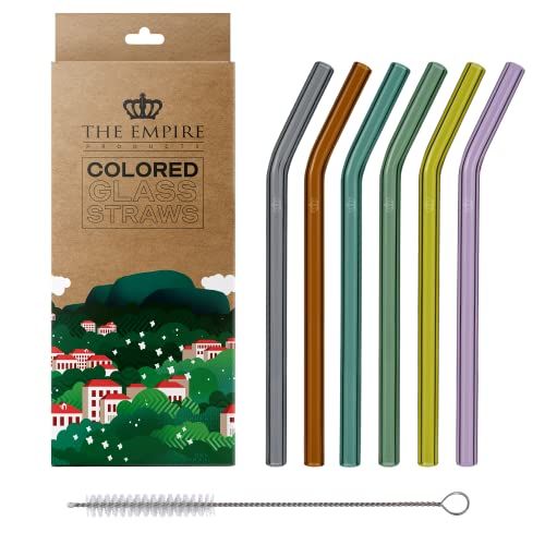 The Empire Products Herbruikbare premium glazen rietjes incl. reinigingsborstel, glazen rietjes, kleurrijk, recht, set van 6 stuks, 23 cm lang, 8 mm diameter (23 cm gebogen)