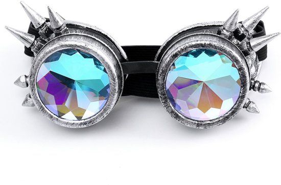 KIMU Kaleidoscoop goggles bril oud zilver met spikes - glas diamant kaleidoscope