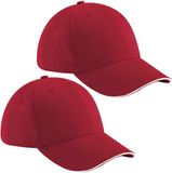 Beechfield 6 panel baseballcap - 2x stuks - rood/wit - voor volwassenen - katoen