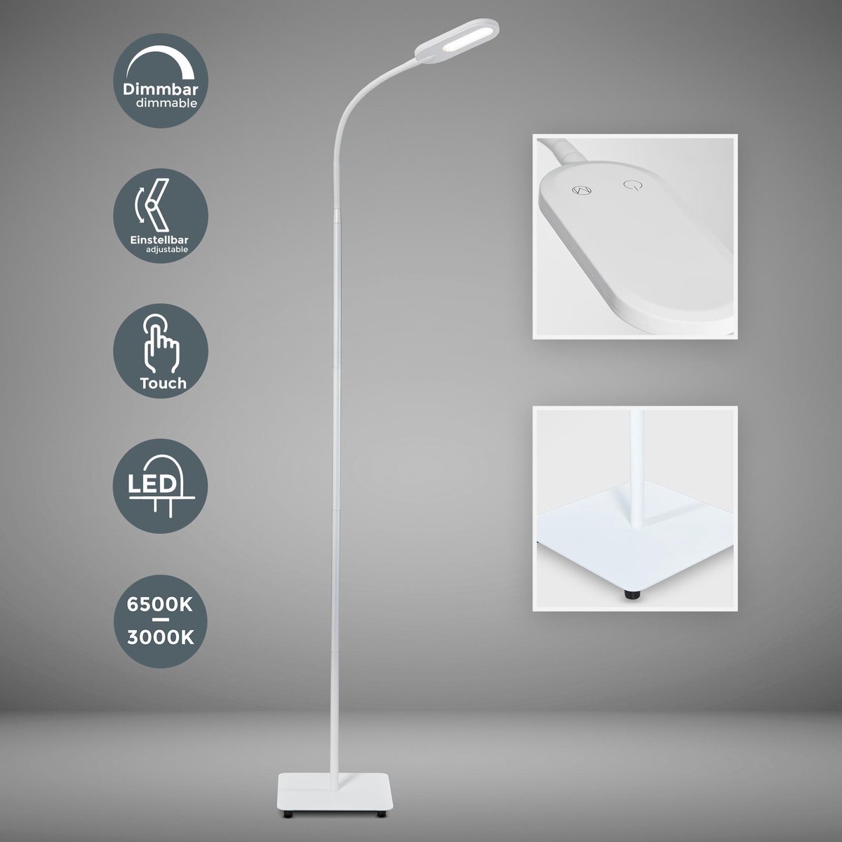 B.K.Licht - Witte Vloerlamp - CCT - LED - dimbaar - voor woonkamer - voor binnen - staande lamp - ingebouwde dimmer - staanlamp - booglamp - leeslamp - met 1 lichtpunt - 600Lm - 8W