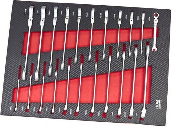 HBM 22 Delige Ring Ratel Steeksleutelset in Carbon Foam inlay voor Gereedschapswagen - Chroom-vanadiumstaal - Zwart - 8 - 22
