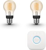 Philips Hue Starterspakket - E27 - met 2 Filament Standaard Lampen (A60) - Warmwit Licht - Incl. 1 Hue Bridge
