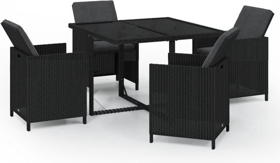 vidaXL 5-delige Tuinset met kussens poly rattan zwart