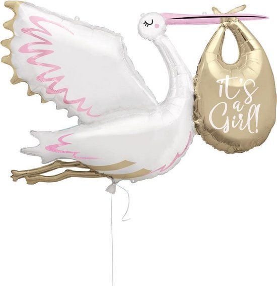 Folieballon Ooievaar MEGA It's a Girl - 155 cm - Wit