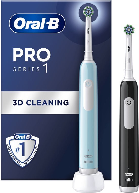 Oral-B PRO Series 1 Elektrische tandenborstel/elektrische tandenborstel, dubbele verpakking, 2 opzetborstels, 3 reinigingsmodi en druksensor voor tandverzorging, ontworpen door bruin, blauw/zwart