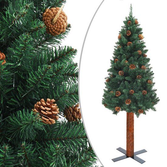 vidaXL Kerstboom met echt hout en dennenappels smal 210 cm PVC groen