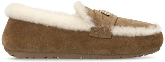 Manfield Taupe suède pantoffels met bontrand - Maat 38