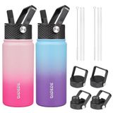 BJPKPK 2 stuks geïsoleerde waterflessen met rietjesdeksels, 18 oz roestvrijstalen metalen waterfles met 6 deksels, lekvrije BPA-vrije thermosflessen, kopjes, flessen voor reizen, sport (Sakura+Ocean