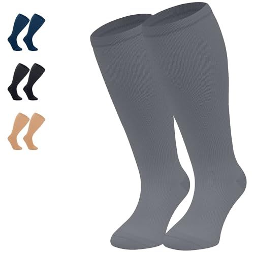 360 Relief Compressiesokken Dammes en Herren - Effen Kleuren Compressiekousen voor Sport, Hardlopen, Vliegen, Reizen, Joggen, Fietsen, Werk - Grijs XXL Kniehoge sokken met Mesh Waszakje