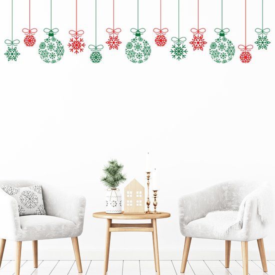 Ambiance Sticker Kerststicker, rode en groene kerstballenslinger - zelfklevende kerststickers - feestdecoratie - 80x80cm