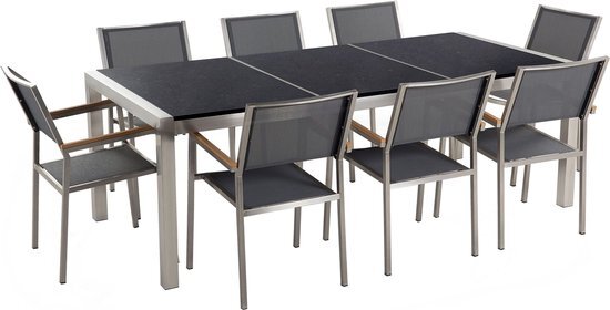 Beliani Tuinset gepolijst graniet/RVS zwart driedelig tafelblad 220 x 100 cm met 8 stoelen grijs GROSSETO