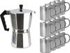 Merkloos Aluminium moka/koffiemaker met 12x RVS kopjes