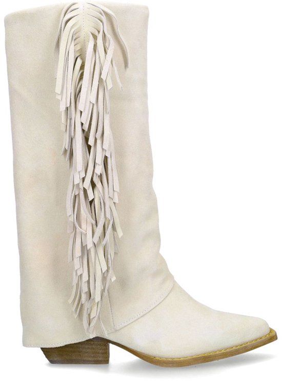Manfield - Dames - Off white suède cowboylaarzen met franjes - Maat 36