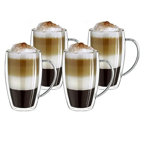 Creano Theeglas, koffieglas, dubbelwandig, thermisch glas, met handvat, groot, 4 x 400 ml