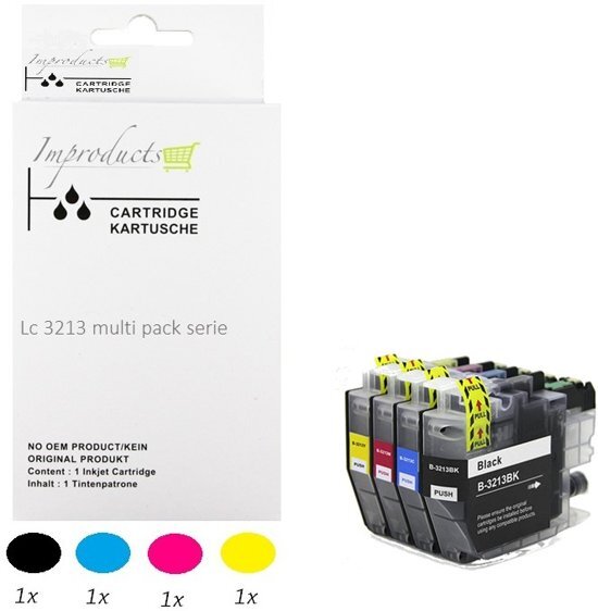 Improducts Â® Huismerk Inktcartridge Alternatief Brother LC3213/ LC-3213 / 3213 Inktcartridges set van 4 Stuks (1x LC3213BK zwart, 1x LC3213C cyaan, 1x LC3213M magenta, 1x LC3213Y geel) = 1x Multipack