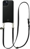 AVY Leren Hoesje Geschikt voor Apple iPhone 15 | Compatibel met MagSafe | Leather Case met Telefoonkoord | Crossbody | Zwart | Long Leather