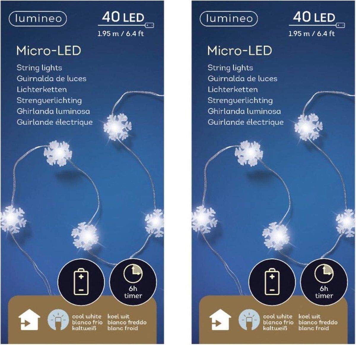 Lumineo 2x Sneeuwvlok Lichtsnoeren - 40 Lampjes - Wit - Batterij