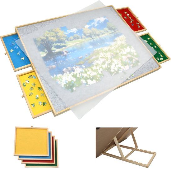 FlinQ Verstelbare Puzzelbord met Sorteersysteem - Puzzelplaat met Bescherming - 4 Lades voor 1500 stukjes - Puzzelmat van Hout - Puzzel tafel - Portapuzzel - 89x68,7x4 cm