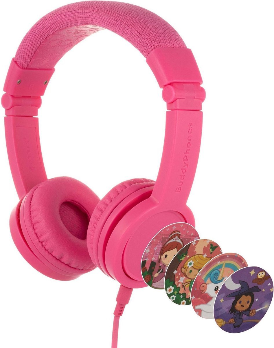BuddyPhones Explore+ - kindvriendelijke on-ear koptelefoon - geluidsbegrenzing, audio splitter, meegeleverde stickers, roze blauw