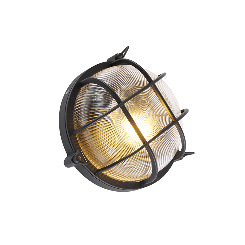 QAZQA IndustriÃ«le ronde wandlamp zwart IP44 - Noutica