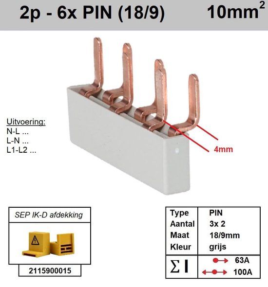 Enzo SEP Sep kam pin 2 fase 6 polig 9mm offset 5 mm grijs
