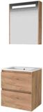 Basic-Line Premium 46 Badkamermeubelset - 60 x 46 cm - Greeploos - 2 Lades - Keramische Wastafel - 1 Kraangat - Spiegelkast met LED Verlichting - Whisky Oak