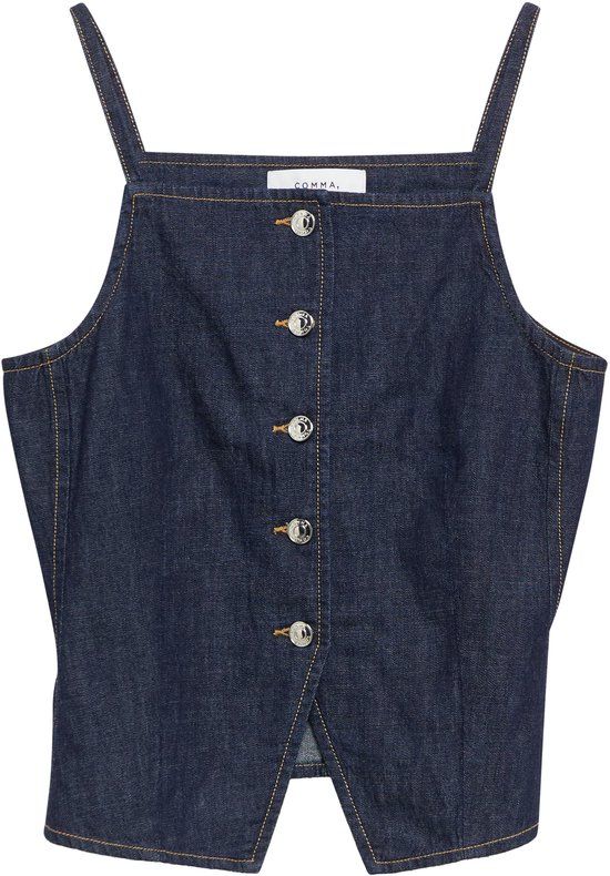 comma Blouse Blauw Katoen Mouwloos Vierkante Hals Regular Fit Vrouwen Maat 40