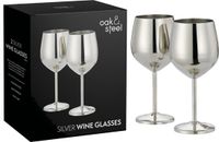 Merkloos Oak & Steel Zilveren Roestvrijstalen Wijnglazen - 2 Stuks met Geschenkdoos