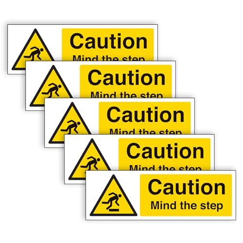 V Safety LET OP DE STEP Veiligheidsbord - Zeer zichtbaar en duurzaam zelfklevend vinyl - 300 mm x 100 mm (Pack van 5)