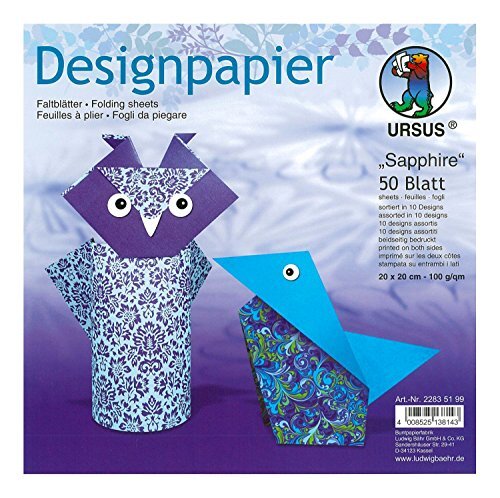 Ursus 22835199 - Designpapier Sapphire, 50 vellen in 10 verschillende motieven, ca. 20 x 20 cm, 100 g/m², aan beide zijden bedrukt, ideaal voor het vouwen van creatieve origami dieren