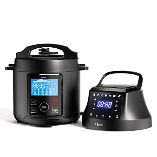 CLOEN 2-in-1 keukenmachine, programmeerbare foodie pot en friteuse zonder olie, foodie friteuse lid, 9-in-1 huishoudelijke apparaten, capaciteit 6 l, 1300 W, 3 standen, 2 programmeerbare deksels.