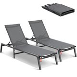 VEVOR Tuinligstoel voor buiten, 2 stuks, inklapbaar, van aluminium, voor terras, met 5 verstelbare posities, volledig plat, voor strand, zwembad, outdoor, donkergrijs