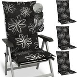 Beautissu Flores – Set van 4 Tuinkussens Hoge Rug 120x50x6 cm Zitkussen Tuinstoel UV-lichtecht Tuinstoelkussens Zwart Kussen met Print