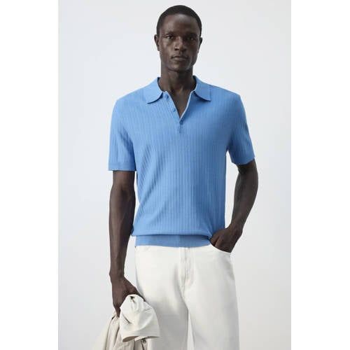 Mango Man regular fit gebreide polo - middenblauw