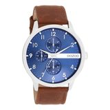 OOZOO Zilverkleurige Herenhorloge met Blauwe Wijzerplaat en Cognac Leren Band - C11306