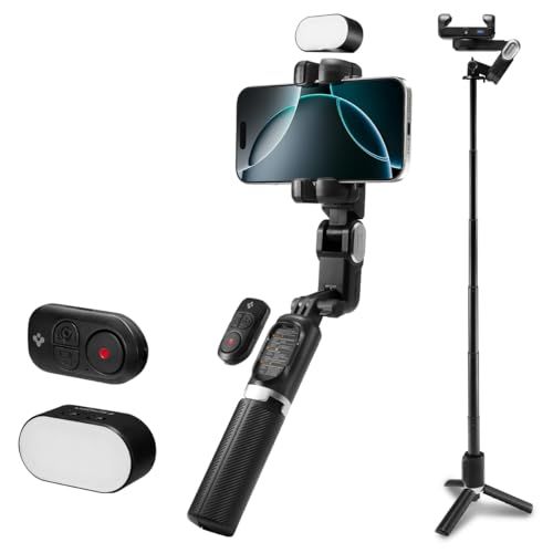 Spigen Smartphone Gimbal Stabilizer, Selfie Stick, Phone Tripod with Auto Face Tracking, RGB Light, 360° Wireless Remote Vertical and Horizontal
