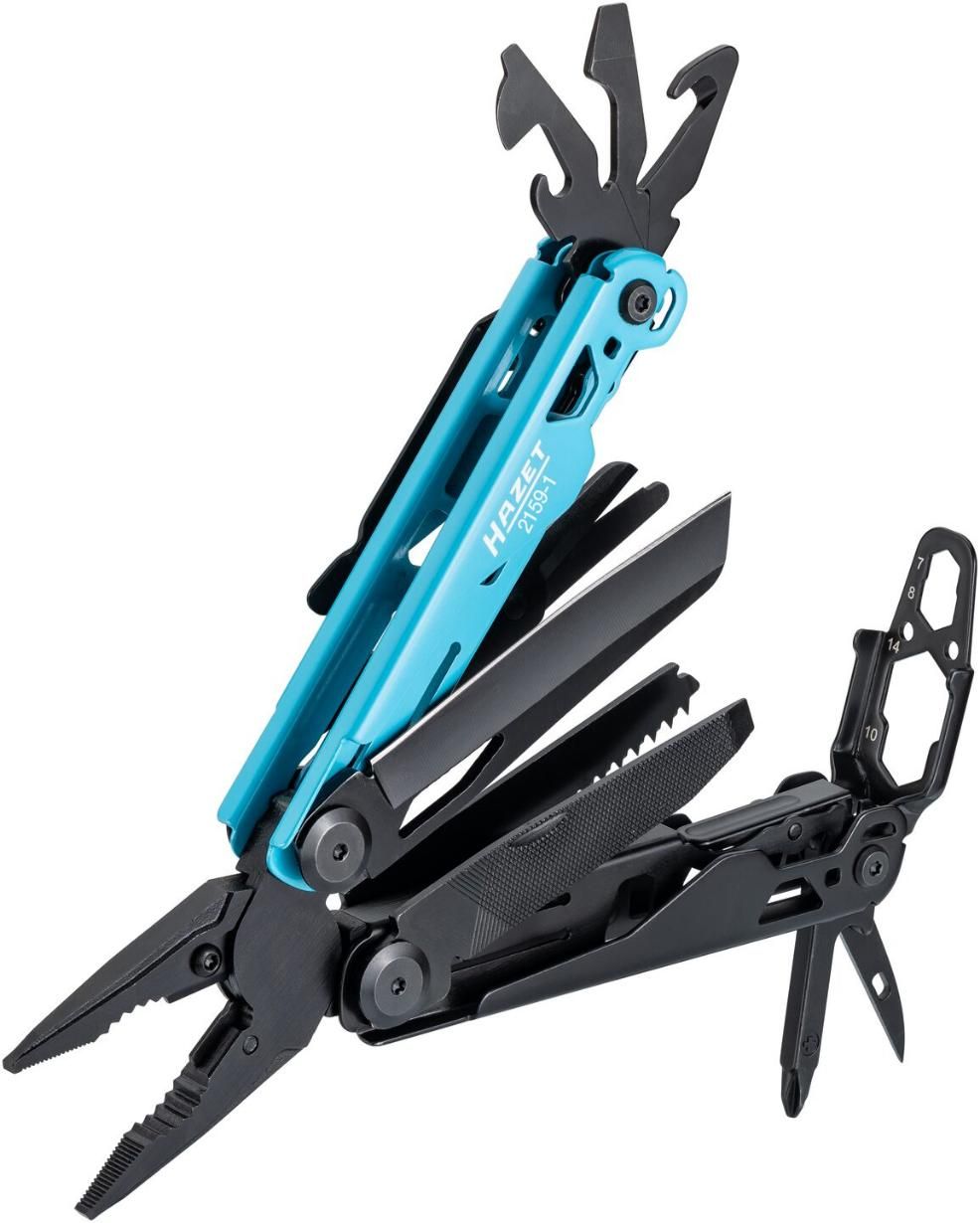 HAZET Multitool 2159-1, 13-in-1, roestvrij staal, met nijptang, mes, zaag, schroevendraaier, inbussleutel, schaar, riemclip, incl. robuuste heuptas'.