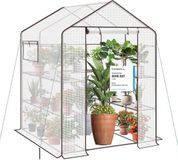 Serre XXL, 200 x 145 x 145 cm, adapté à la culture de tomates, avec 10 étagères, couverture PE stable, résistant à l'hiver, blanc