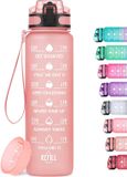 MEITAGIE Bouteille d'eau en quartz rose, 1 litre, étanche, sans BPA, bouteille d'eau en Tritan avec filtre à fruits et marqueur de temps de motivation