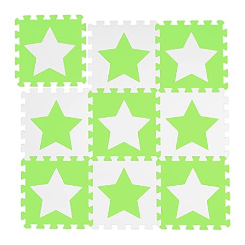 Relaxdays Puzzelmat sterren, 9 stuks, 18 delen, EVA-schuim, vrij van schadelijke stoffen, speelonderlegger 91 x 91 cm, wit-groen