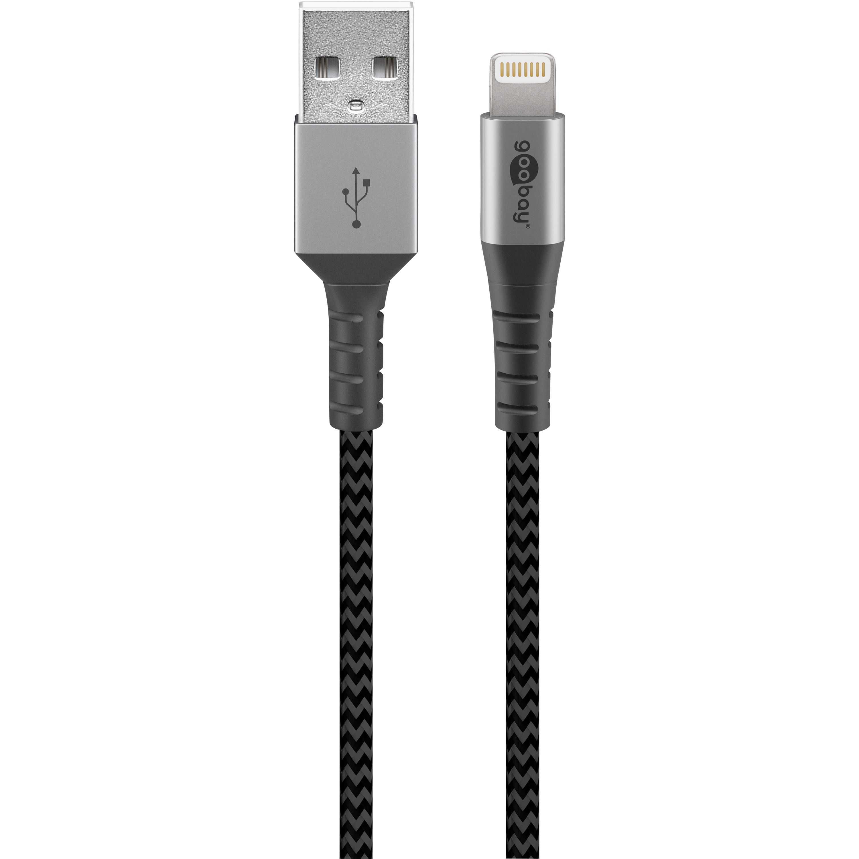 Goobay 49269 Lightning-kabel Apple, MFi-gecertificeerd, extra robuuste premium textielkabel met metalen stekkers, 2 m