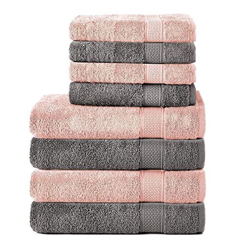 Komfortec Handdoekenset - 8 stuks - Antraciet Grijs/Bloemroze