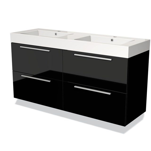 Maxaro Badkamermeubel 140 cm Modulo Hoogglans Zwart 4 Lades Vlak Wastafel Mineraalmarmer