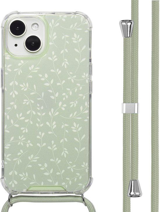 imoshion Hoesje - Geschikt voor Apple iPhone 15 - Design Hoesje met Koord - Smoke Green Flowers