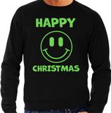 Bellatio Decorations Foute Kersttrui/sweater voor heren - Happy Christmas - zwart - glitter groen - Smile / Emoticon XXL