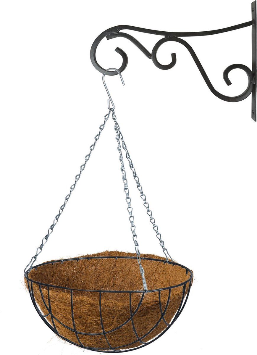 Bellatio Flowers & Plants Hanging basket 35 cm with metal wall hook and coconut liner - Complete hanging basket set of cast iron
