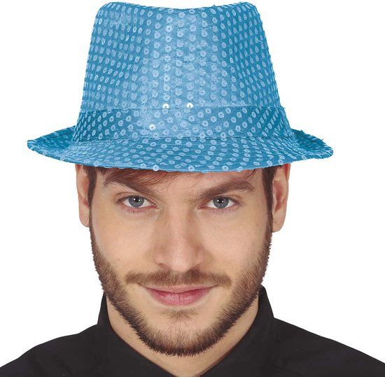 Fiestas Guirca Carnaval verkleed hoedje - glitter aqua blauw - volwassenen/heren - met paillette